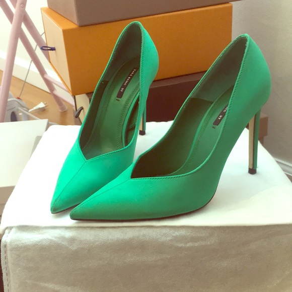 green satin pumps